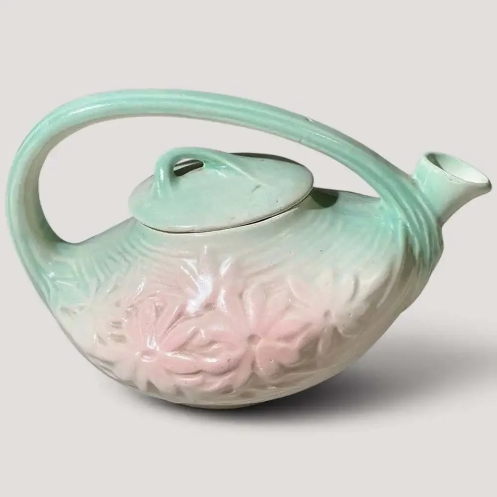 Vintage McCoy Pink and Green Ceramic Teapot with Daisy Pattern